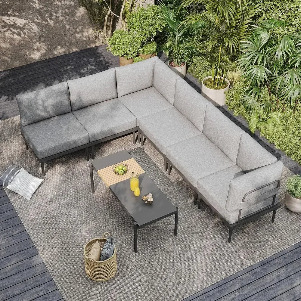 7 Pieces Metal Patio Furniture Set, Outdoor Sectional Sofa w/6 Inch Olefin Cushion, Modern Outdoor Conversation