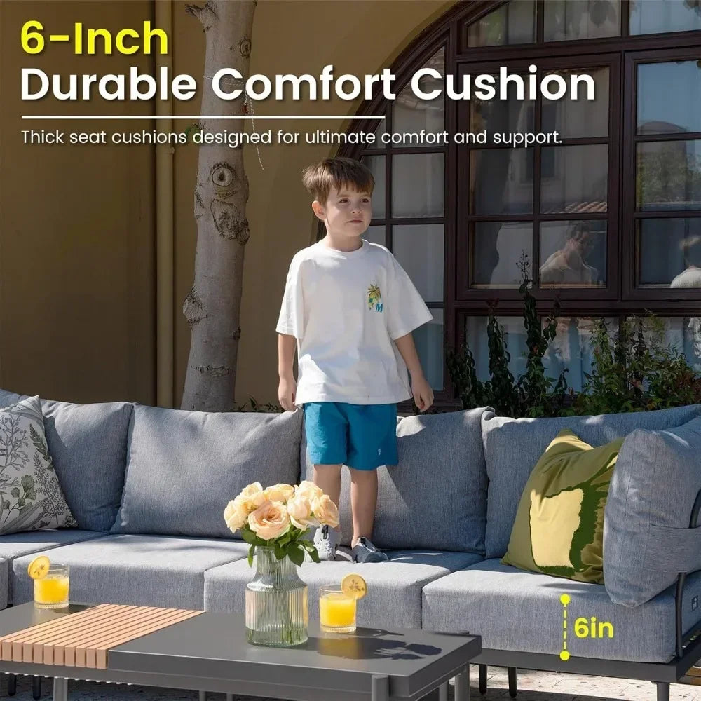 7 Pieces Metal Patio Furniture Set, Outdoor Sectional Sofa w/6 Inch Olefin Cushion, Modern Outdoor Conversation