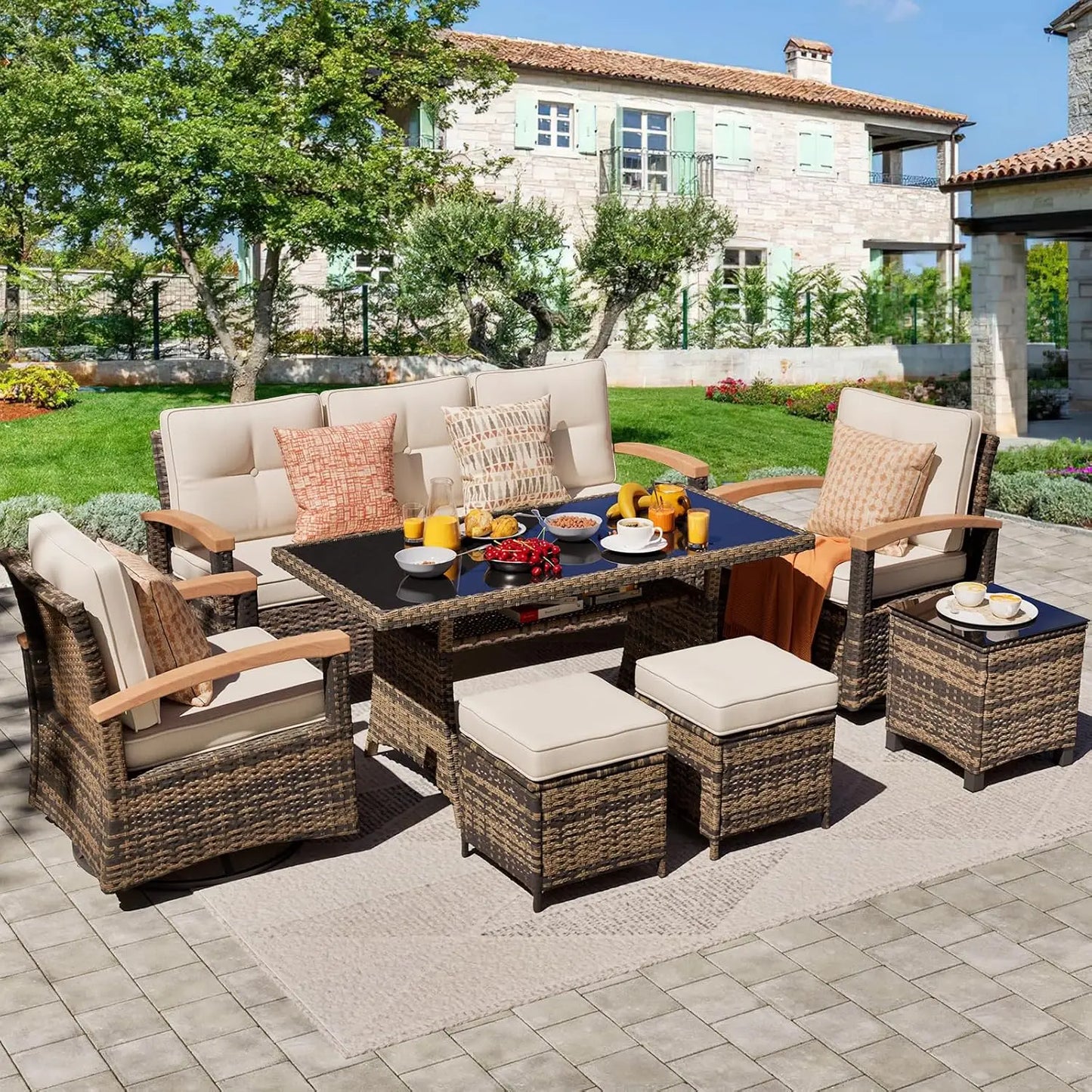 7 Pieces Patio Furniture Sets,PE Wicker Outdoor Furniture Conversation Sets with 2 Wood Armrests Swivel Rocker Chairs