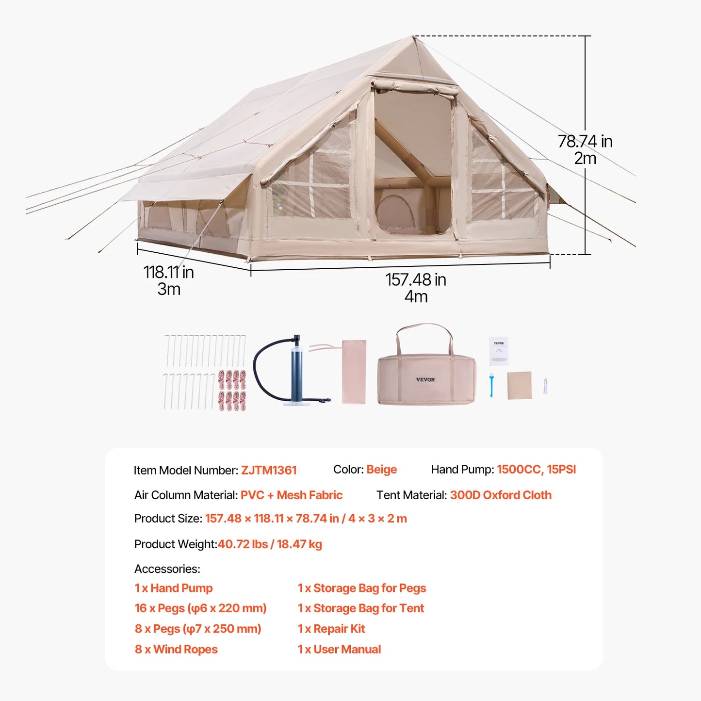 SucceBuy Inflatable Tents for Camp Easy Setup Blow up Tent with Hand Pump 300D Oxford Tent with Stove Jack Storage Bag Included