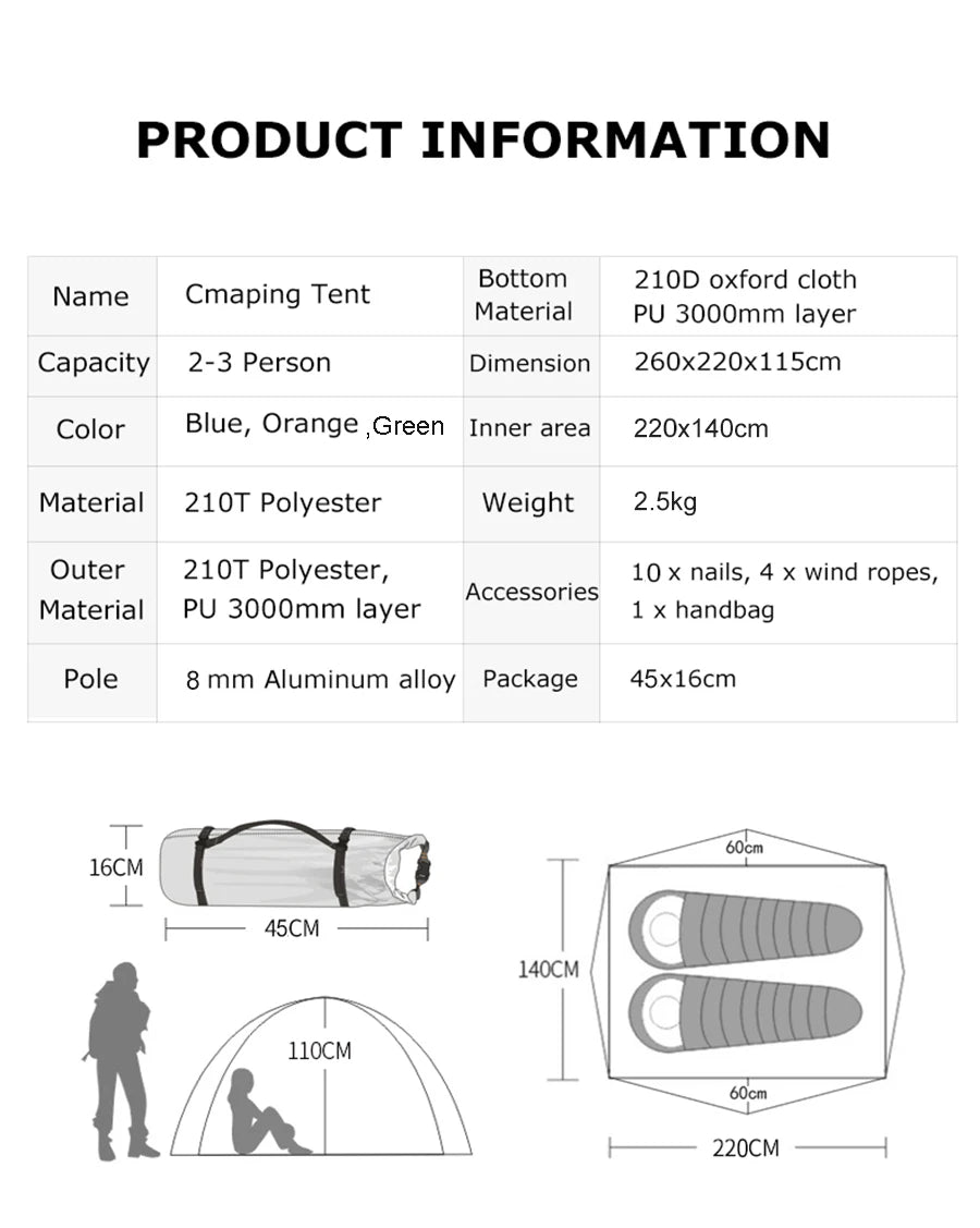 Desert Fox 2 Person Backpack Tent Outdoor Hiking Lightweight Couple Camping Tents Double Layers 3 Seasons for Travelling Hunting