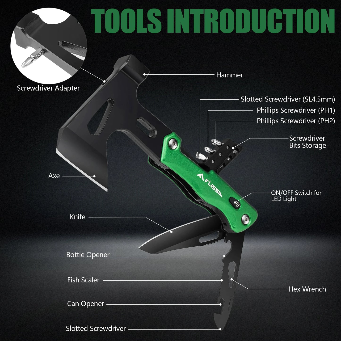 FLISSA Camping Axe Hammer 14-in-1 Multitool, Hatchet Multi Tool Stainless Steel with LED Light, EDC Hiking Survival Multi Functi