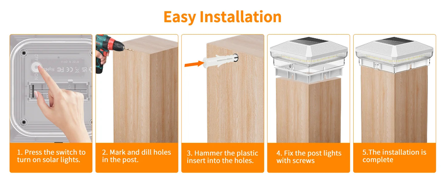 "Solar Post Cap Lights 6/12-Pack, 40-LED 30-Lumen 4x4 Fence Lights, 3 Modes for Wood/Vinyl Posts"