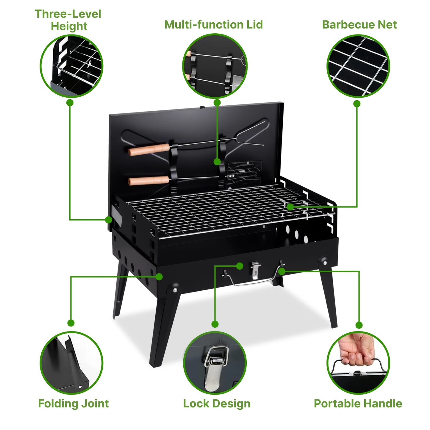 Portable Charcoal Grill, Foldable BBQ Grill with Adjustable Heights, Durable & Compact, Easy to Clean, Perfect for Camping, Tail