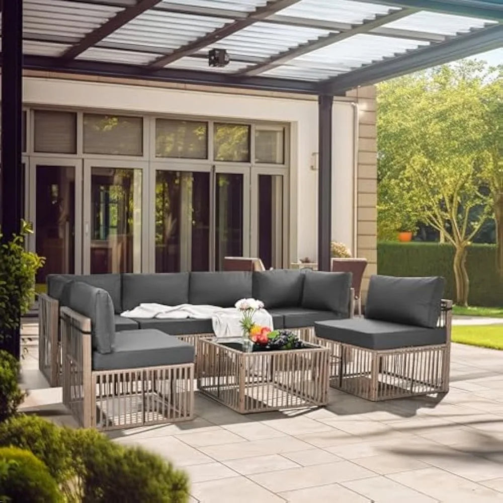 Pamapic 7 Pieces Outdoor Sectional Set, All-Weather PE Rattan Patio Conversation Set, Wicker Adjustable Patio Furniture Set
