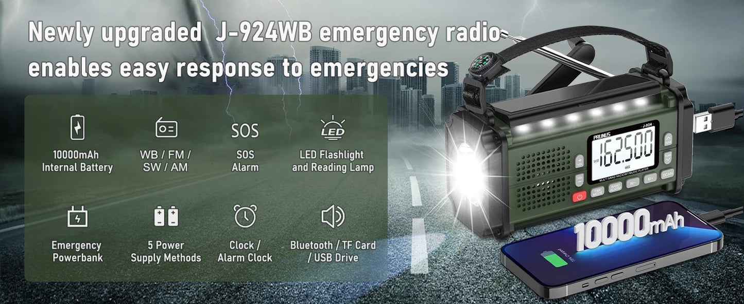 PRUNUS 924 10000mAh Hand Crank Radio, AAA Batteries Powered Emergency Radio Solar, NOAA Weather Radio AM/FM/SW Power Bank Light