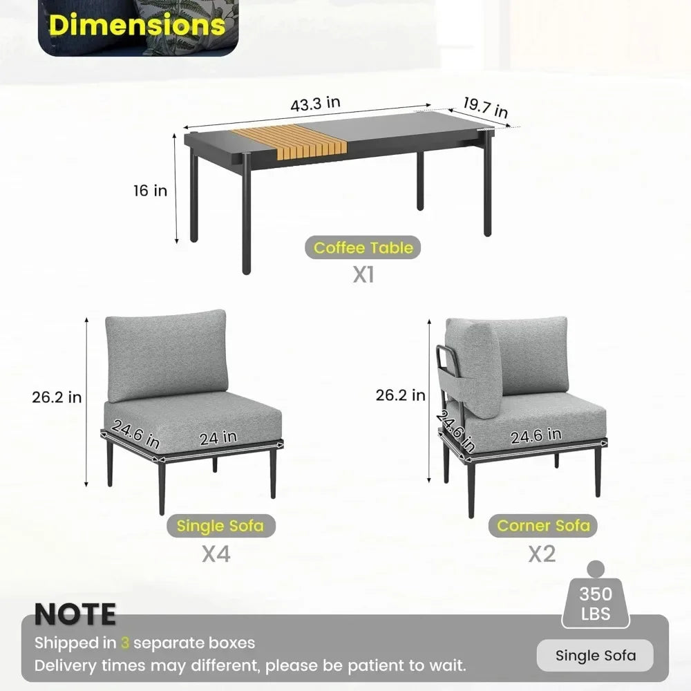 7 Pieces Metal Patio Furniture Set, Outdoor Sectional Sofa w/6 Inch Olefin Cushion, Modern Outdoor Conversation