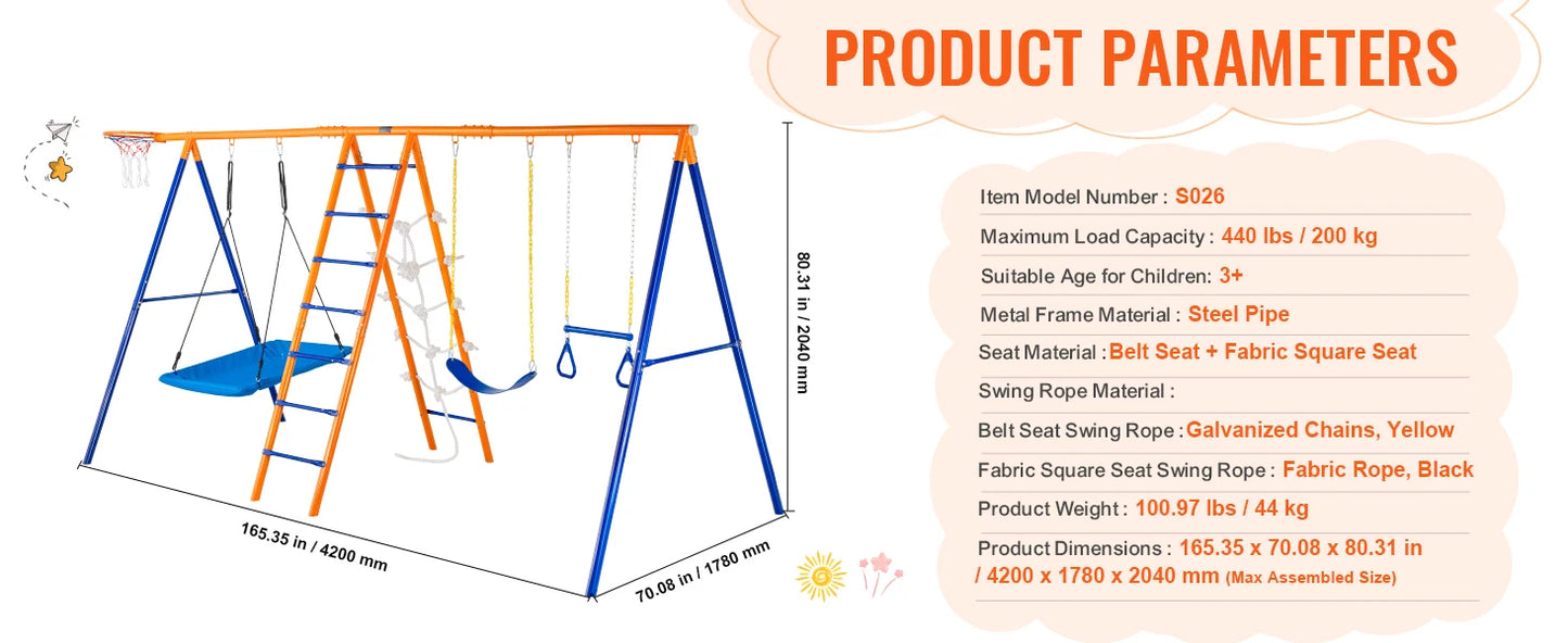 SucceBuy Swing Sets for Backyard 600lbs Capacity Swing Set with 1 Saucer Swing Seat 2 Belt Swing Seats Swingset Outdoor for Kids