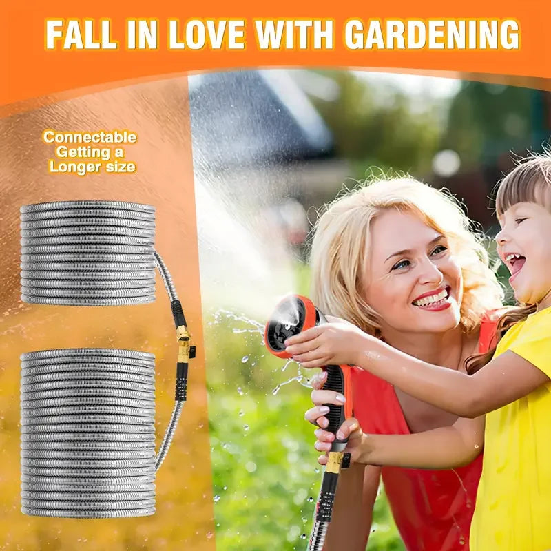 100FT 50FT Stainless Steel Garden Hose Kink-Free & No-Leak Flexible Outdoor Water Pipe with 10 Functions Adjustable Spray Nozzle