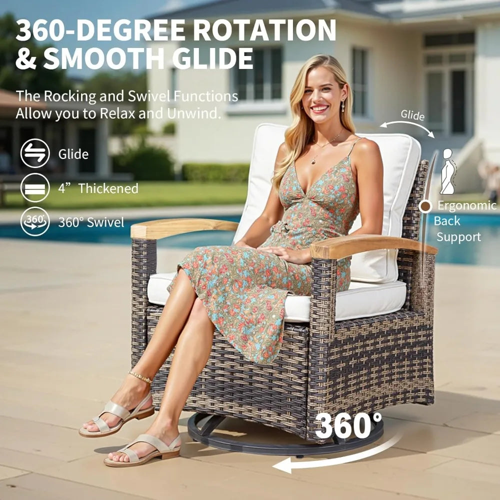 7 Pieces Patio Furniture Sets,PE Wicker Outdoor Furniture Conversation Sets with 2 Wood Armrests Swivel Rocker Chairs