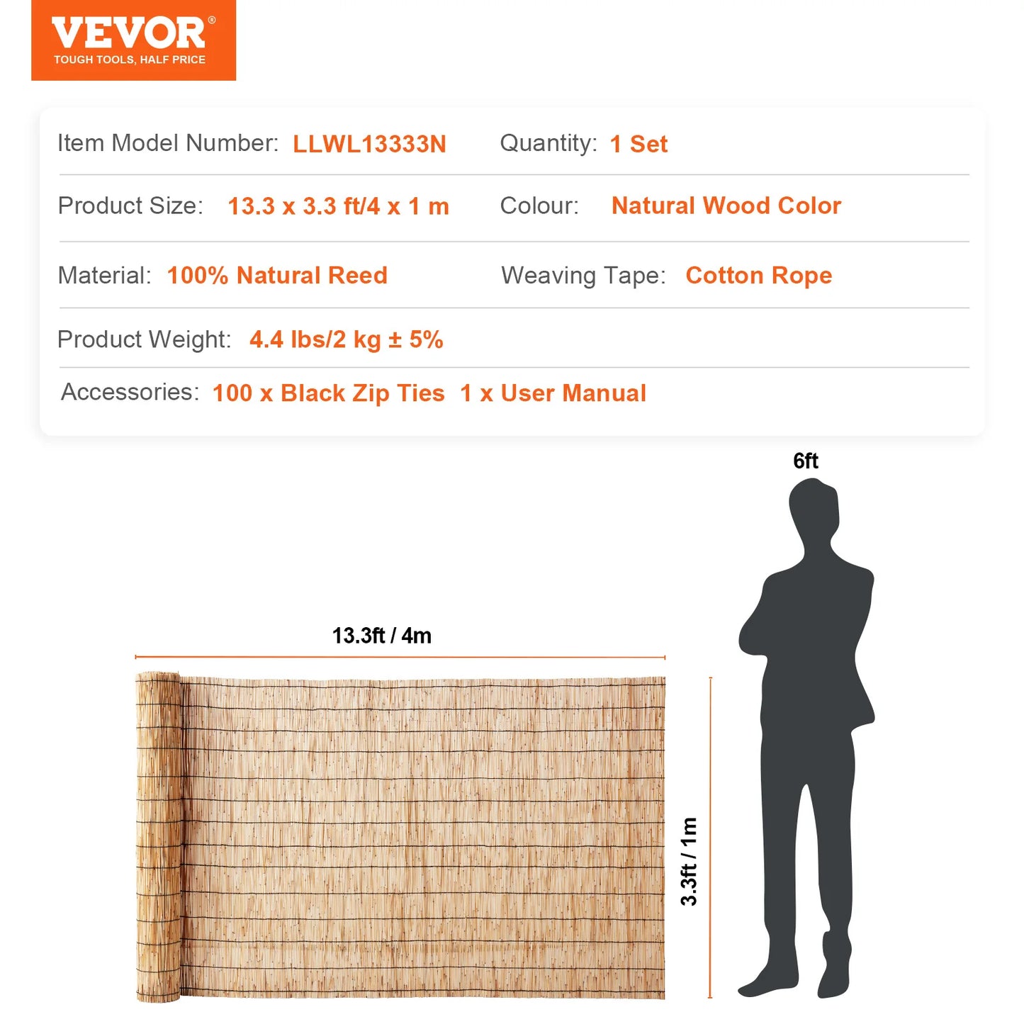 SucceBuy Natural Reed Fencing 3.3 ftx13.3ft Balcony Reed Fence Roll for Outdoor Backyard Patio Decorative Fence Fencing Divider