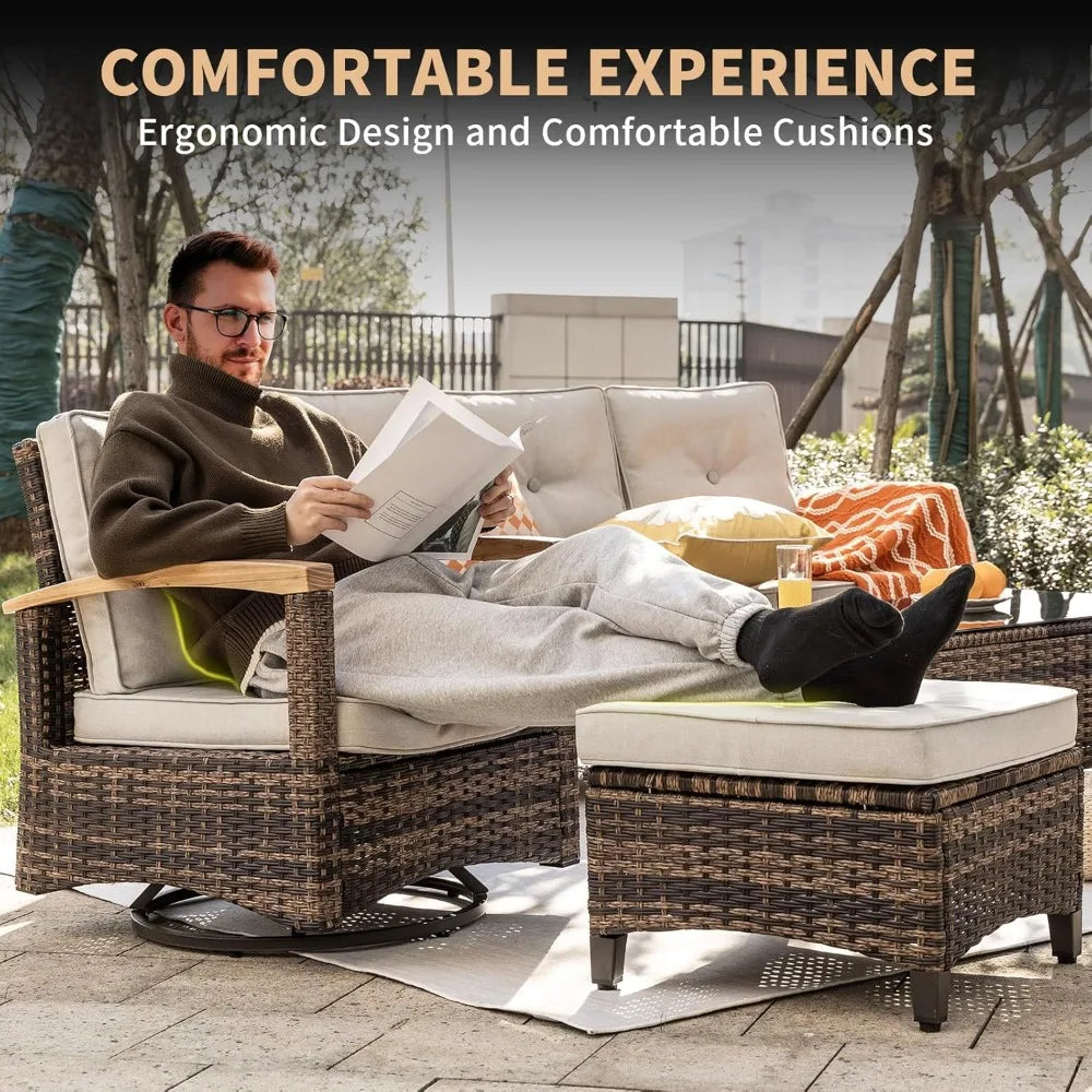 7 Pieces Patio Furniture Sets,PE Wicker Outdoor Furniture Conversation Sets with 2 Wood Armrests Swivel Rocker Chairs