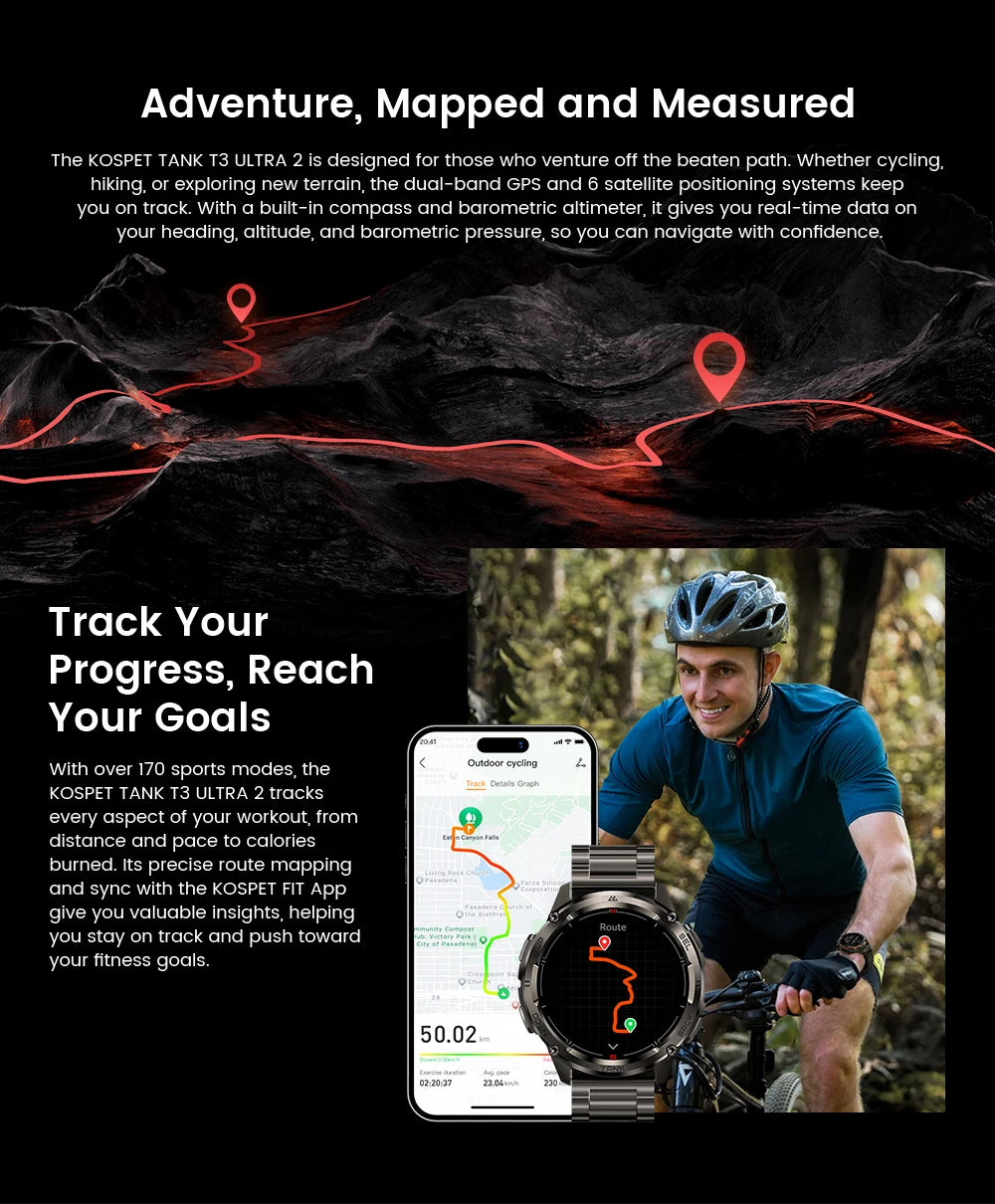 2025 KOSPET TANK T3 Ultra 2 GPS Smart Watch For Men Compass Altimeter Barometric 5ATM IP69K Waterproof AMOLED Bluetooth Call