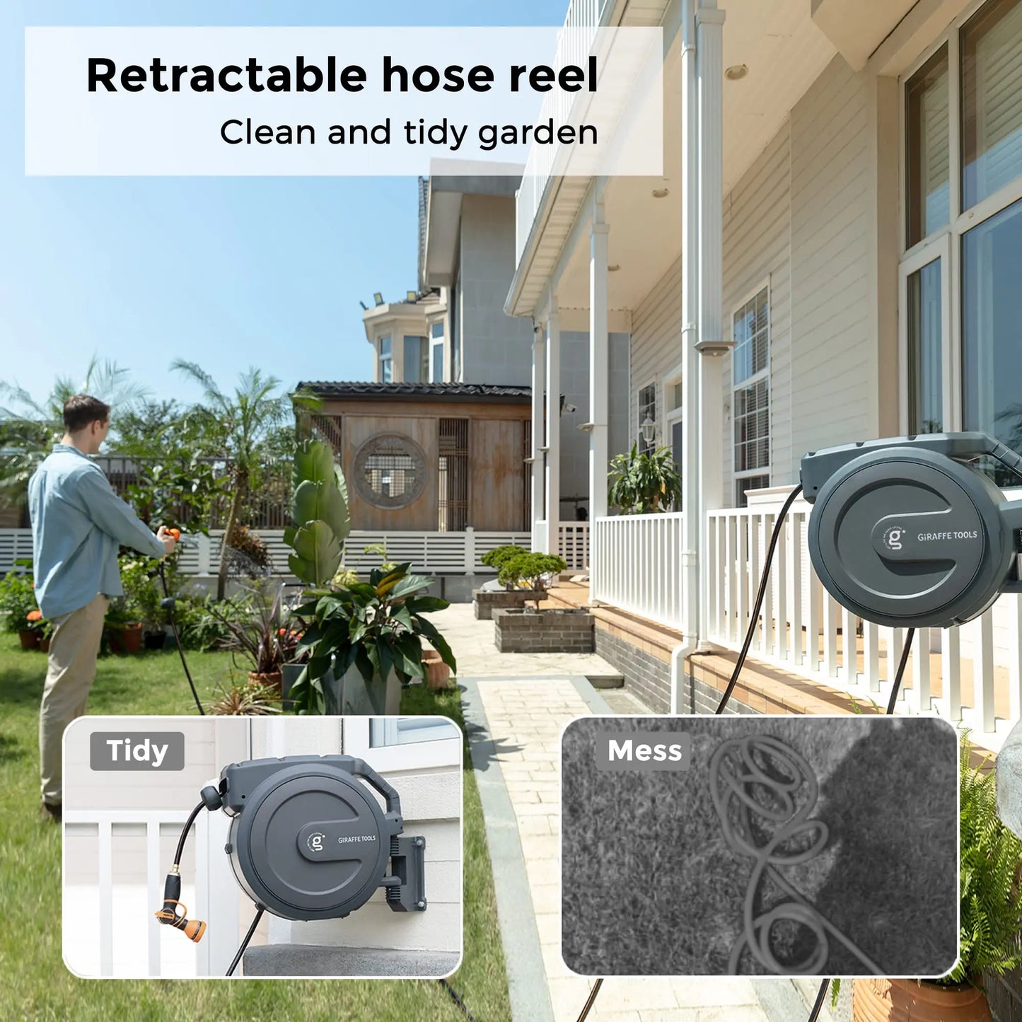 Giraffe Tools AW30 Garden Hose Reel Retractable 1/2" x 100 ft Wall Mounted Water Hose Reel
