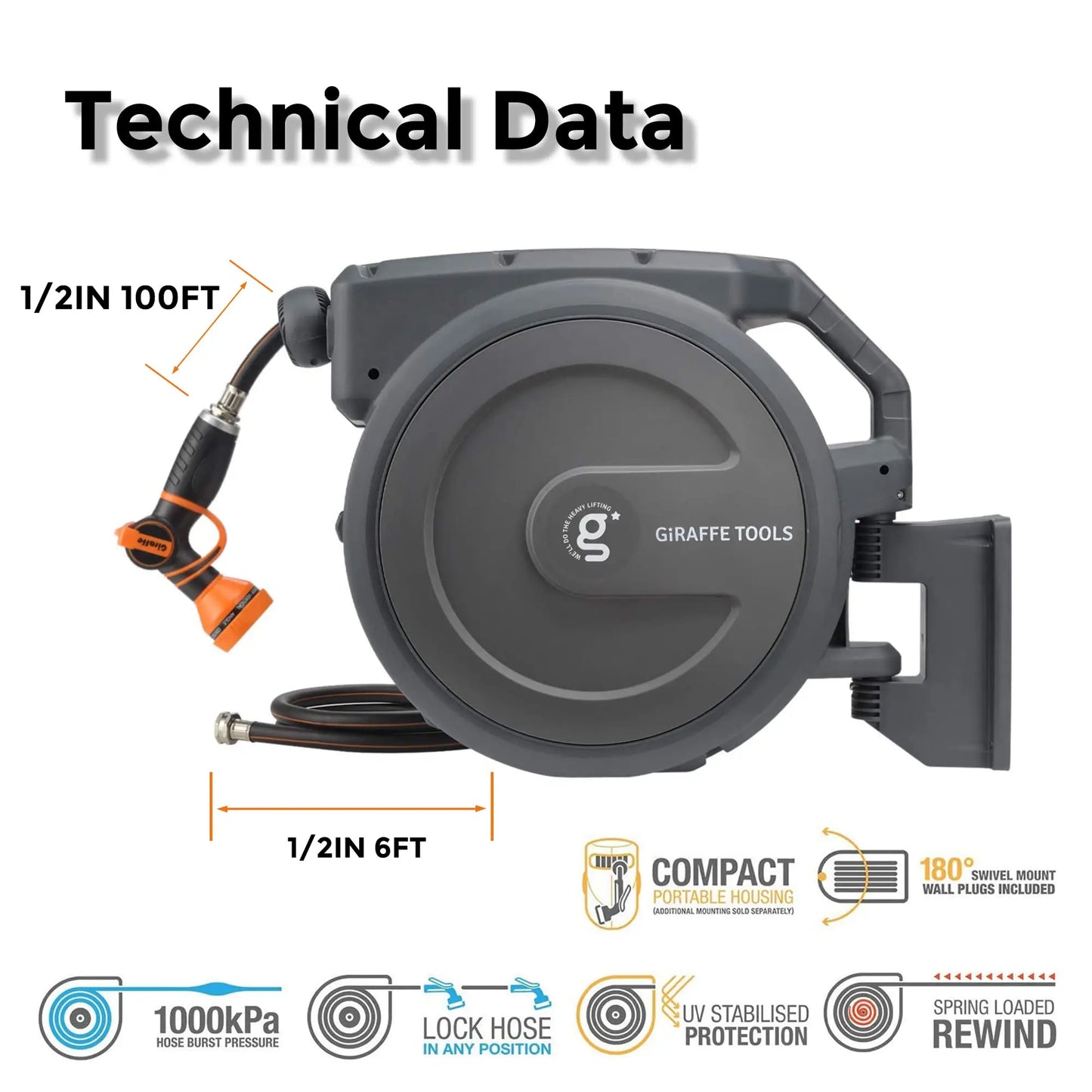 Giraffe Tools AW30 Garden Hose Reel Retractable 1/2" x 100 ft Wall Mounted Water Hose Reel