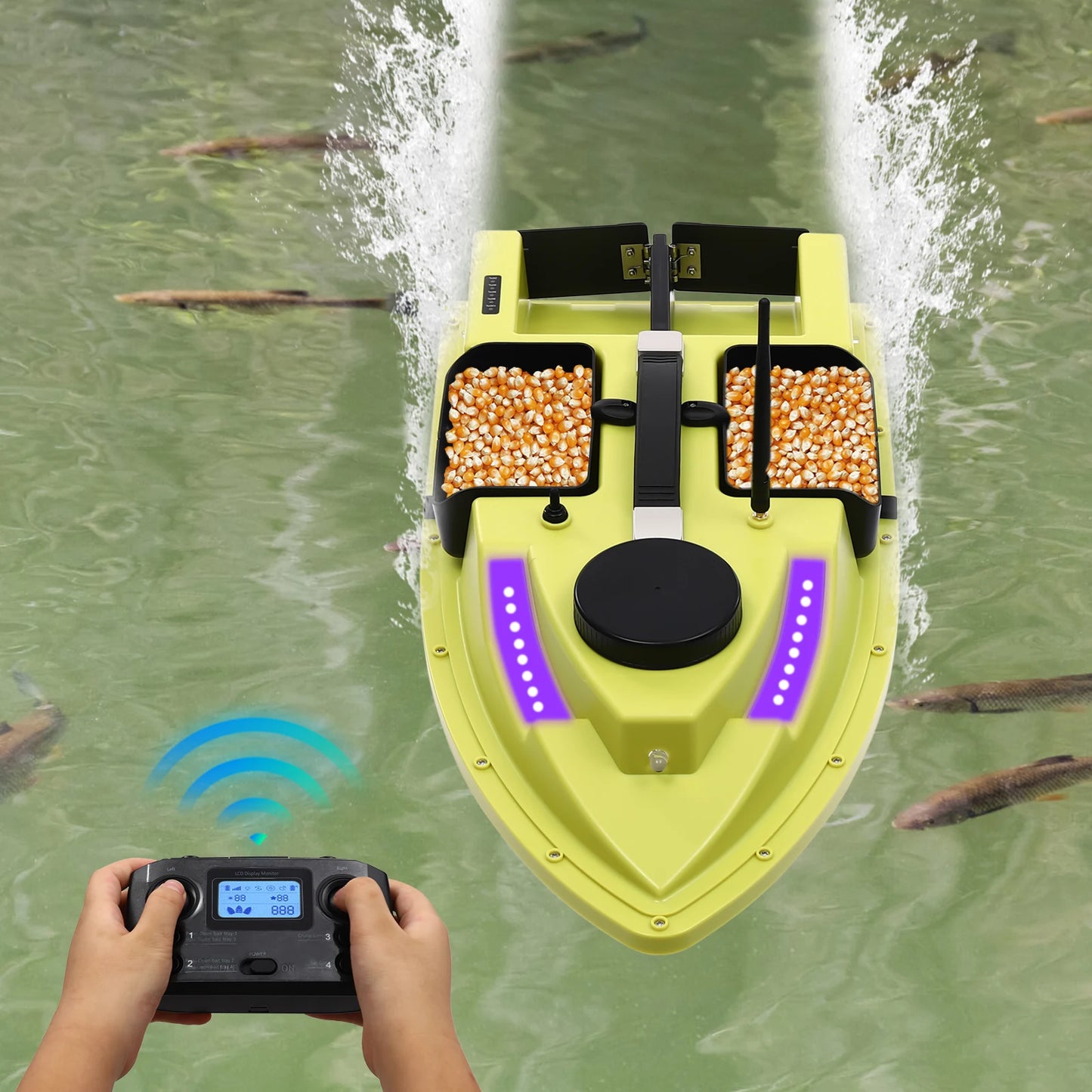 GPS RC Bait Boat for Fishing w/5200mAh Battery LED Screen Fishing Bait Boat 500M RC 40W 4 Bait Slot Fishing Bait Boat Set