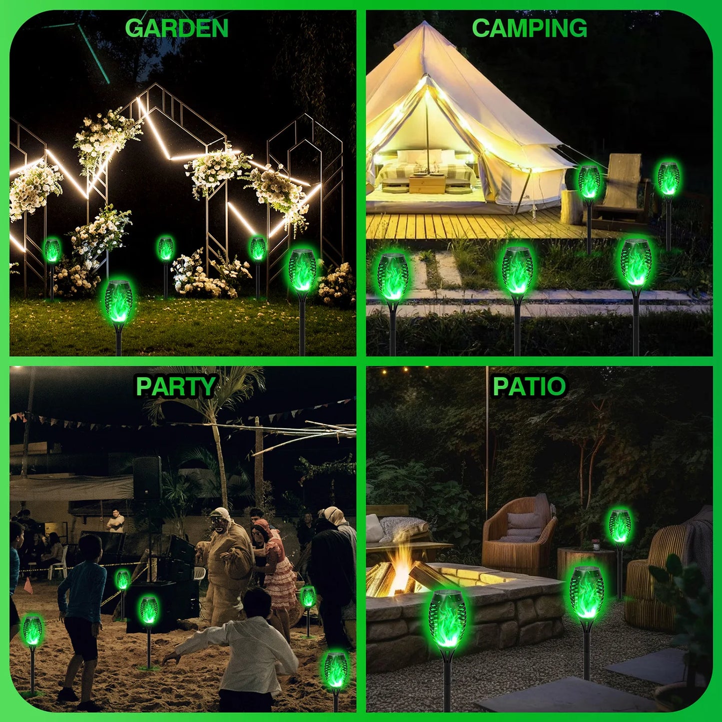 Green Solar Flame Light Outdoor with Flickering Flame Waterproof Lawn Ground Inserted Landscape for Garden Decorations Yard Pati