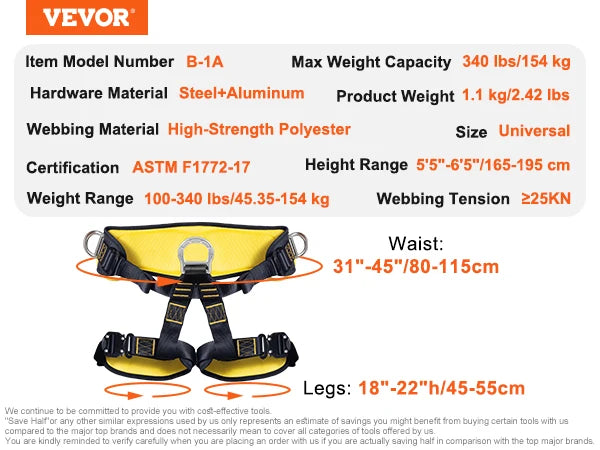 SucceBuy Half Body Safety Harness Tree Climbing Harness Half Protection Harness 340 lbs for Fire Rescuing Caving Rock Climbing