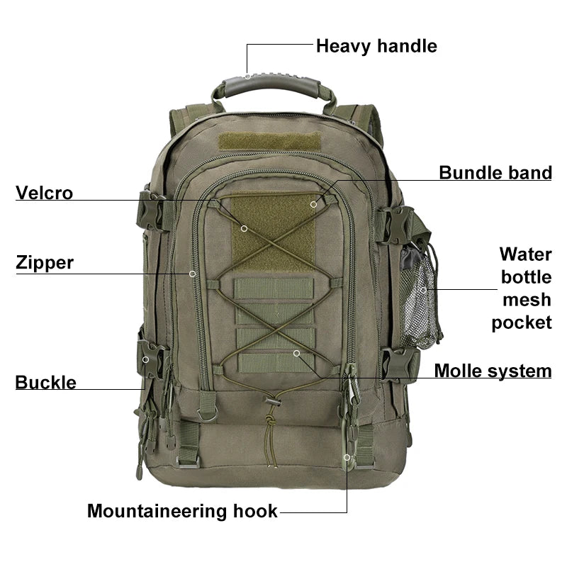 LQARMY 60L Male Travel Tactical backpack Hiking Camping backpack Expandable Army Backpacks Molle 3 Day Assault Pack Rucksacks