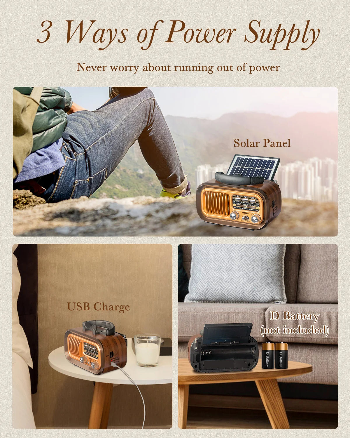 PRUNUS J-150 Retro Vintage Radio Bluetooth, Portable Radio AM FM Transistor Solar/Battery Operated Radio/Rechargeable Radio