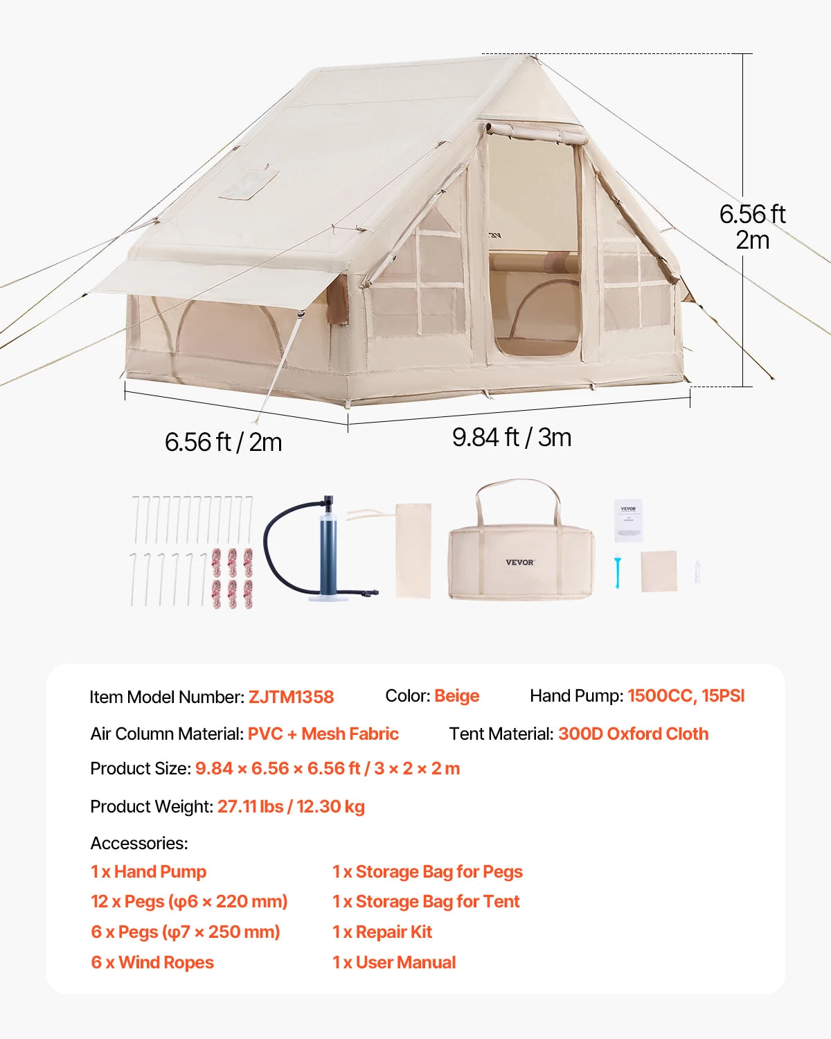 SucceBuy Inflatable Tents for Camp Easy Setup Blow up Tent with Hand Pump 300D Oxford Tent with Stove Jack Storage Bag Included