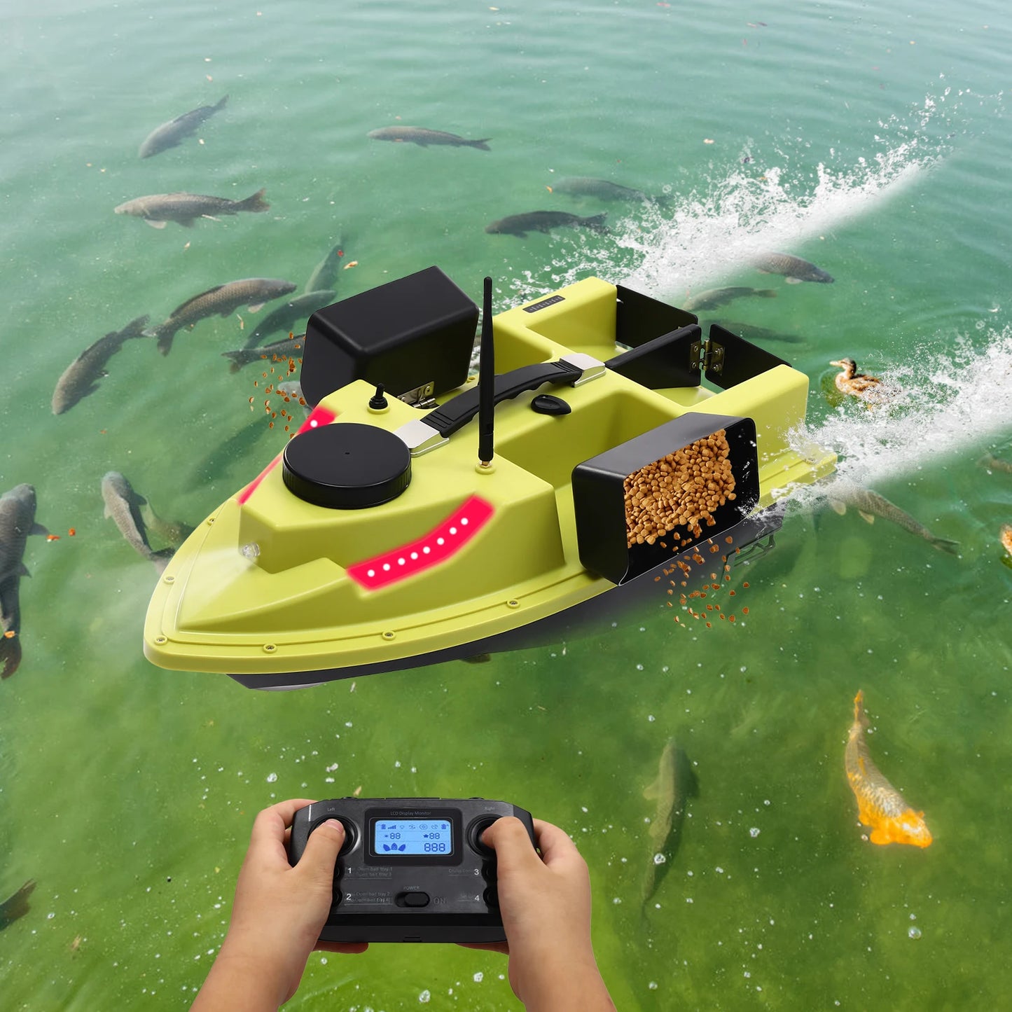GPS RC Bait Boat for Fishing w/5200mAh Battery LED Screen Fishing Bait Boat 500M RC 40W 4 Bait Slot Fishing Bait Boat Set