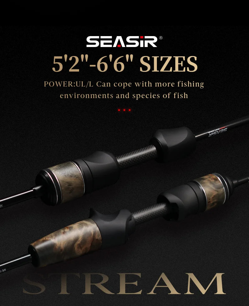Seasir Stream Spining Baitcasting Fihsing Rods Ultralight Carbon Solid Wood Handle Fuji A+O 40T Carbon Cloth Lure Weight 1-10g