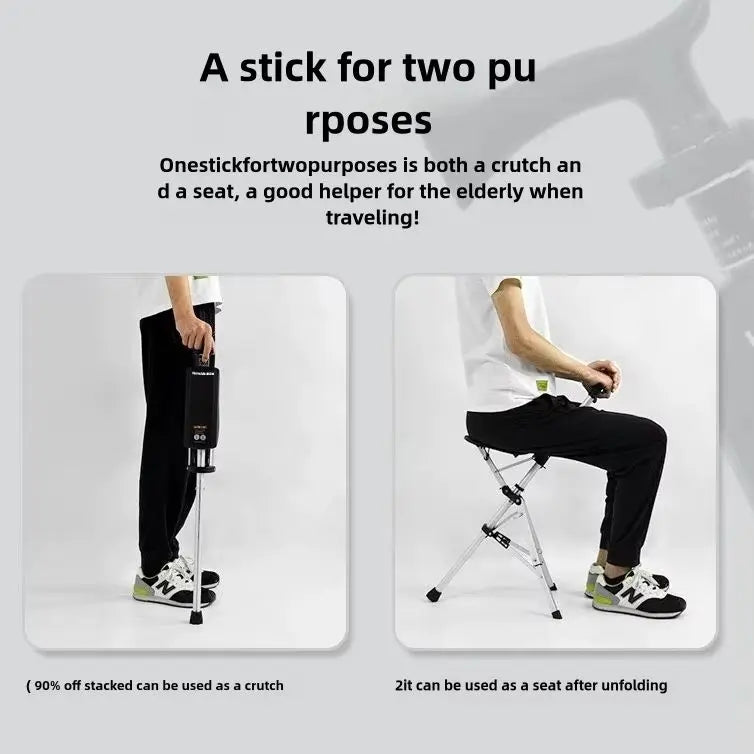 A 2-in-1 portable folding cane and chair combination that can be quickly folded and unfolded, equipped with a seat and three leg