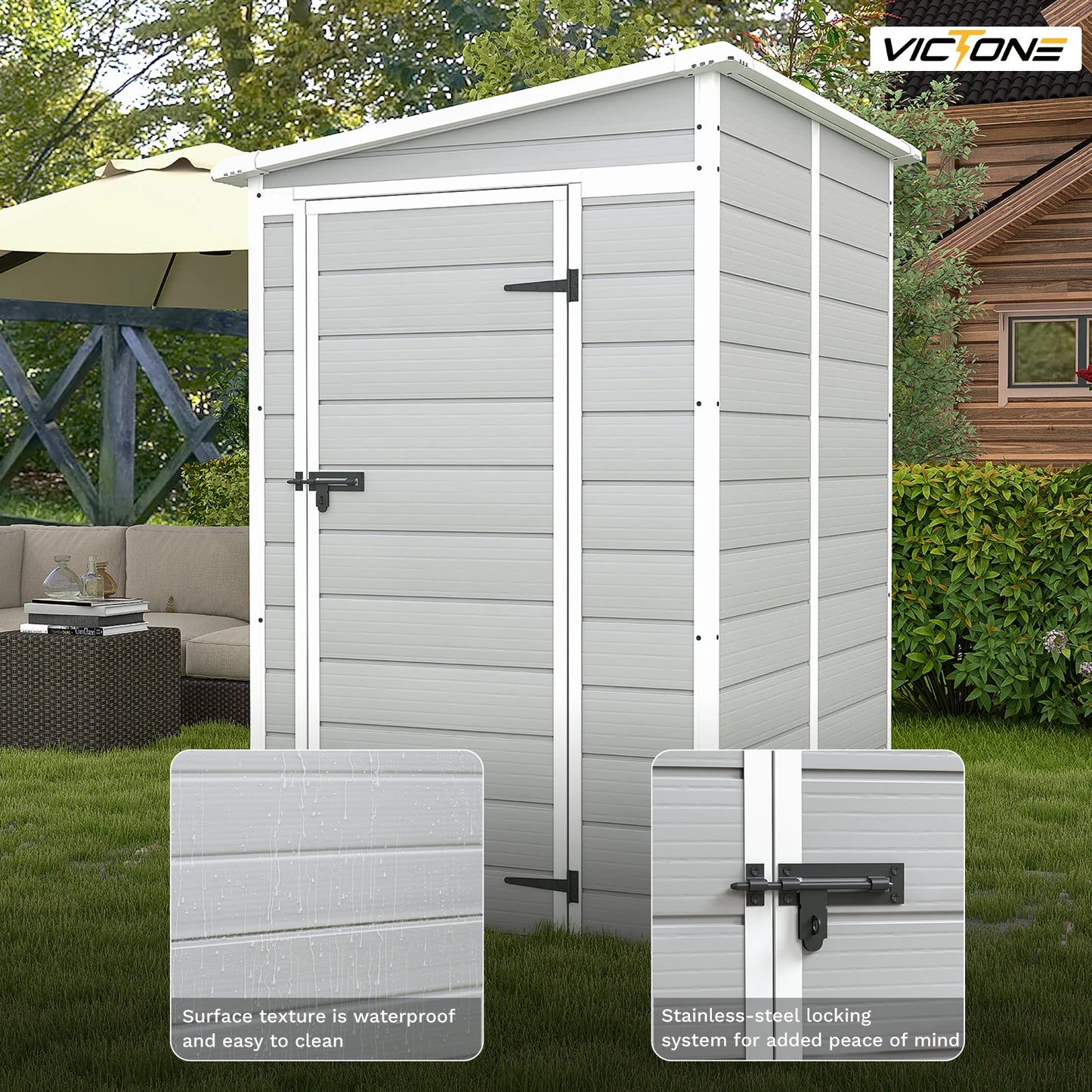 Victone 5x4 FT Plastic Outdoor Storage hed With Floor, Resin Storage shed &Lockable & Window Door For Patio Furniture