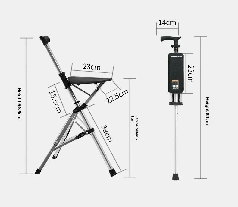 A 2-in-1 portable folding cane and chair combination that can be quickly folded and unfolded, equipped with a seat and three leg