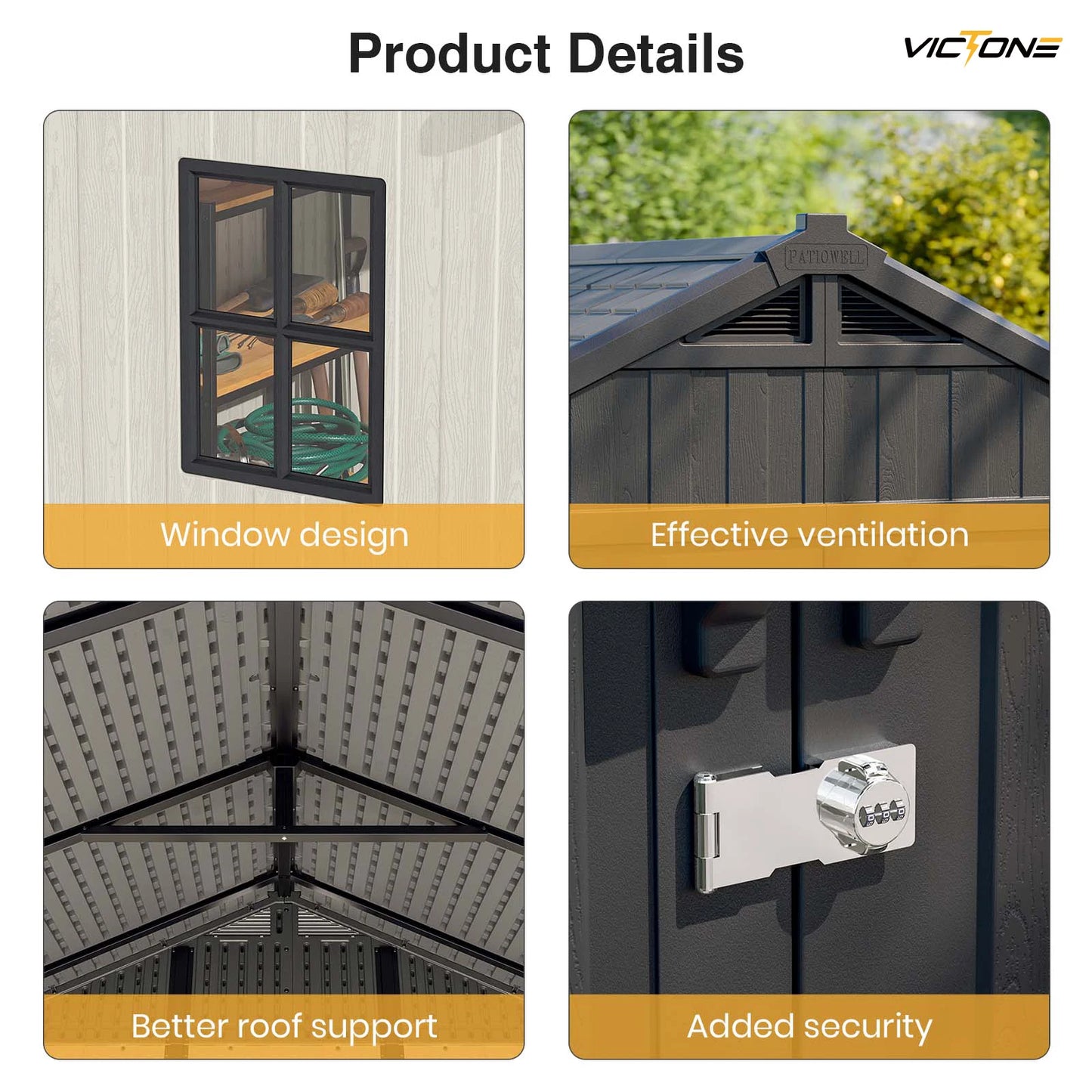 Victone 8' x 6' Plastic Outdoor Storage Shed with Floor, Resin Shed with Window and Lockable Door for your Garden, Off White