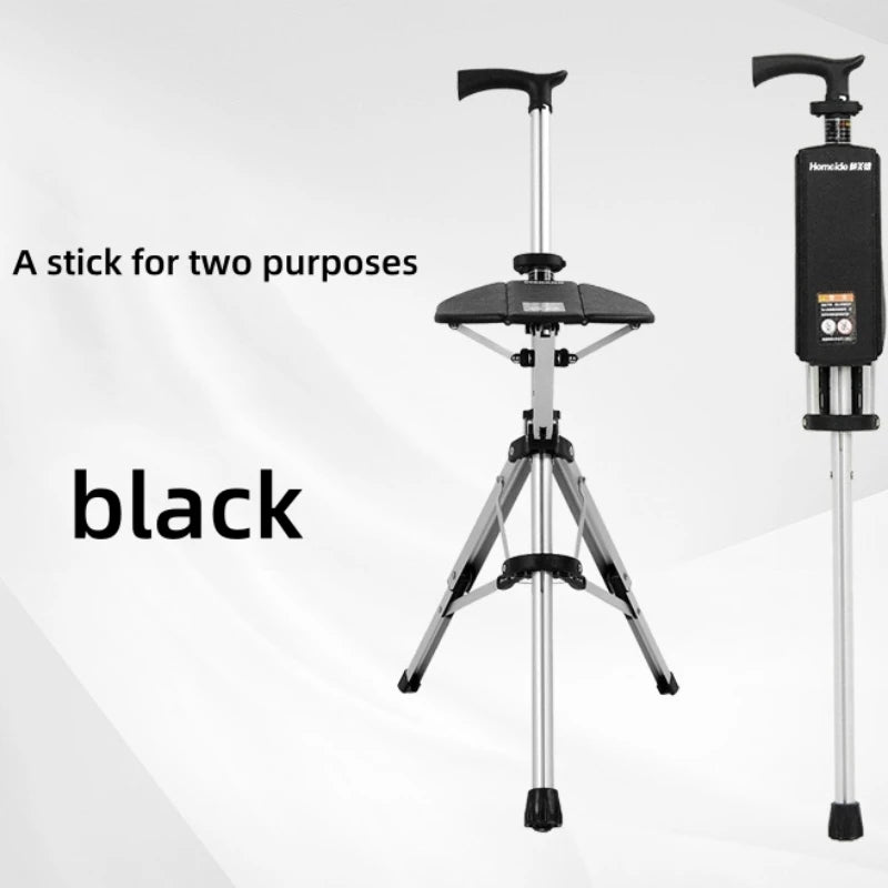 A 2-in-1 portable folding cane and chair combination that can be quickly folded and unfolded, equipped with a seat and three leg