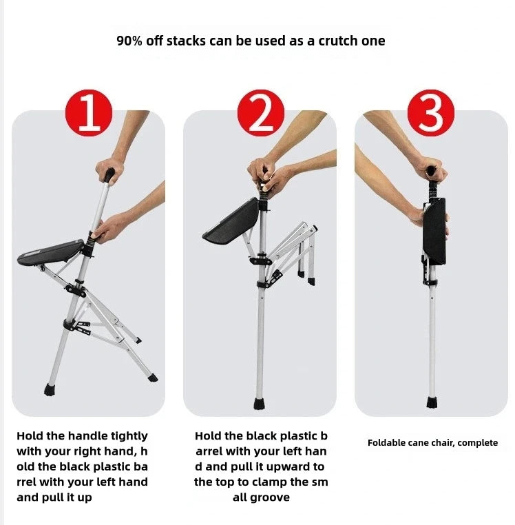 A 2-in-1 portable folding cane and chair combination that can be quickly folded and unfolded, equipped with a seat and three leg