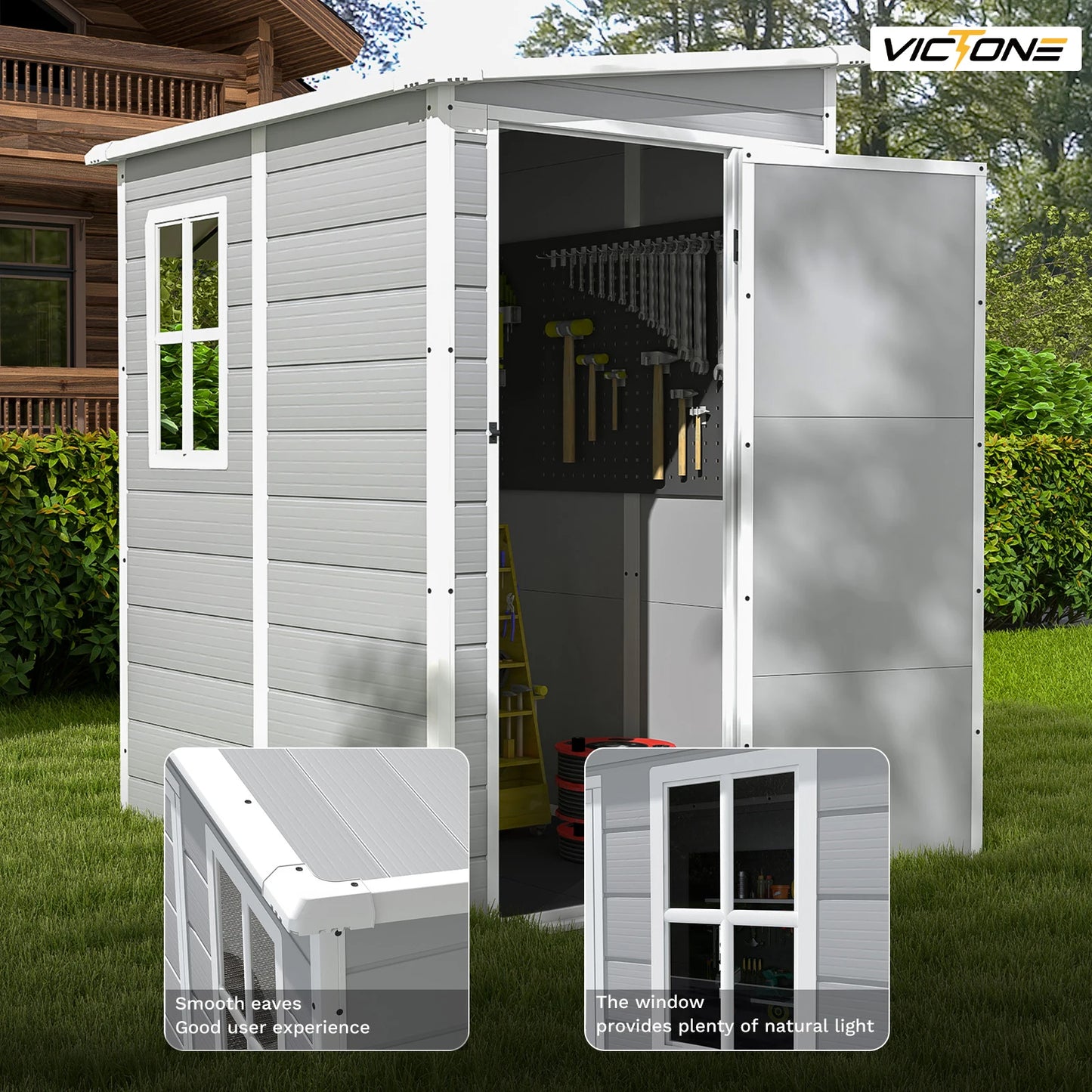 Victone 5x4 FT Plastic Outdoor Storage hed With Floor, Resin Storage shed &Lockable & Window Door For Patio Furniture