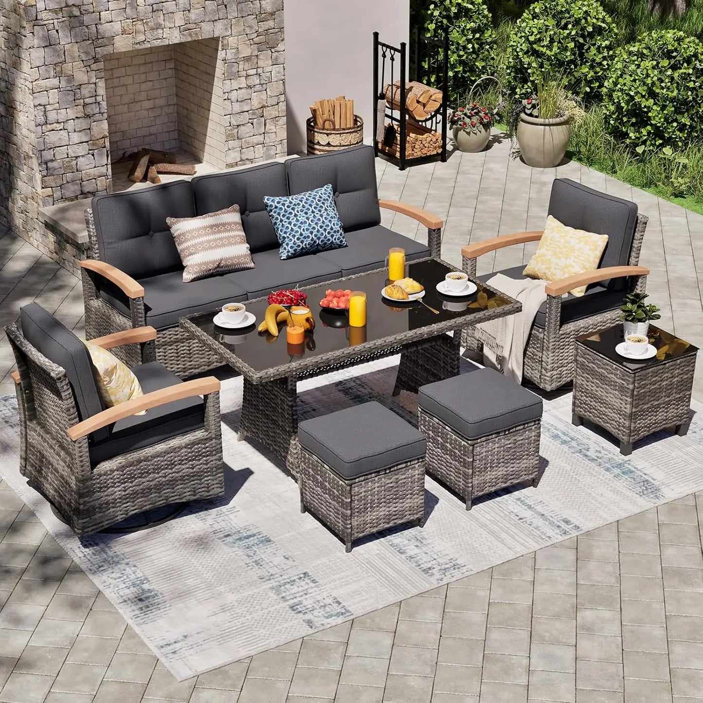 7 Pieces Patio Furniture Sets,PE Wicker Outdoor Furniture Conversation Sets with 2 Wood Armrests Swivel Rocker Chairs