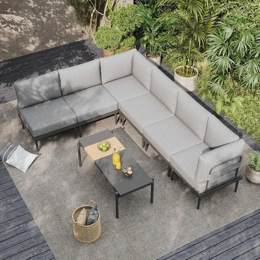 7 Pieces Metal Patio Furniture Set, Outdoor Sectional Sofa w/6 Inch Olefin Cushion, Modern Outdoor Conversation