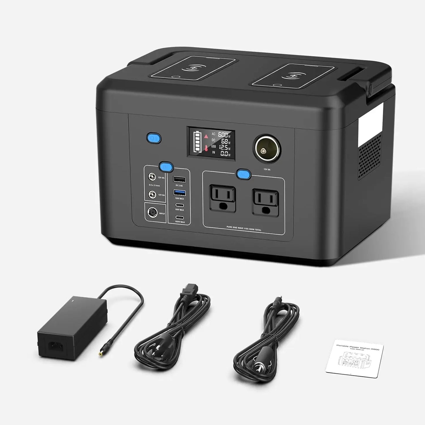 Powkey 600W Portable Power Station 296Wh Battery Backup with 2 Pure Sine Wave AC Outlets Solar Generator for Outdoor Camping RV