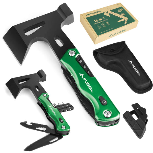 FLISSA Camping Axe Hammer 14-in-1 Multitool, Hatchet Multi Tool Stainless Steel with LED Light, EDC Hiking Survival Multi Functi
