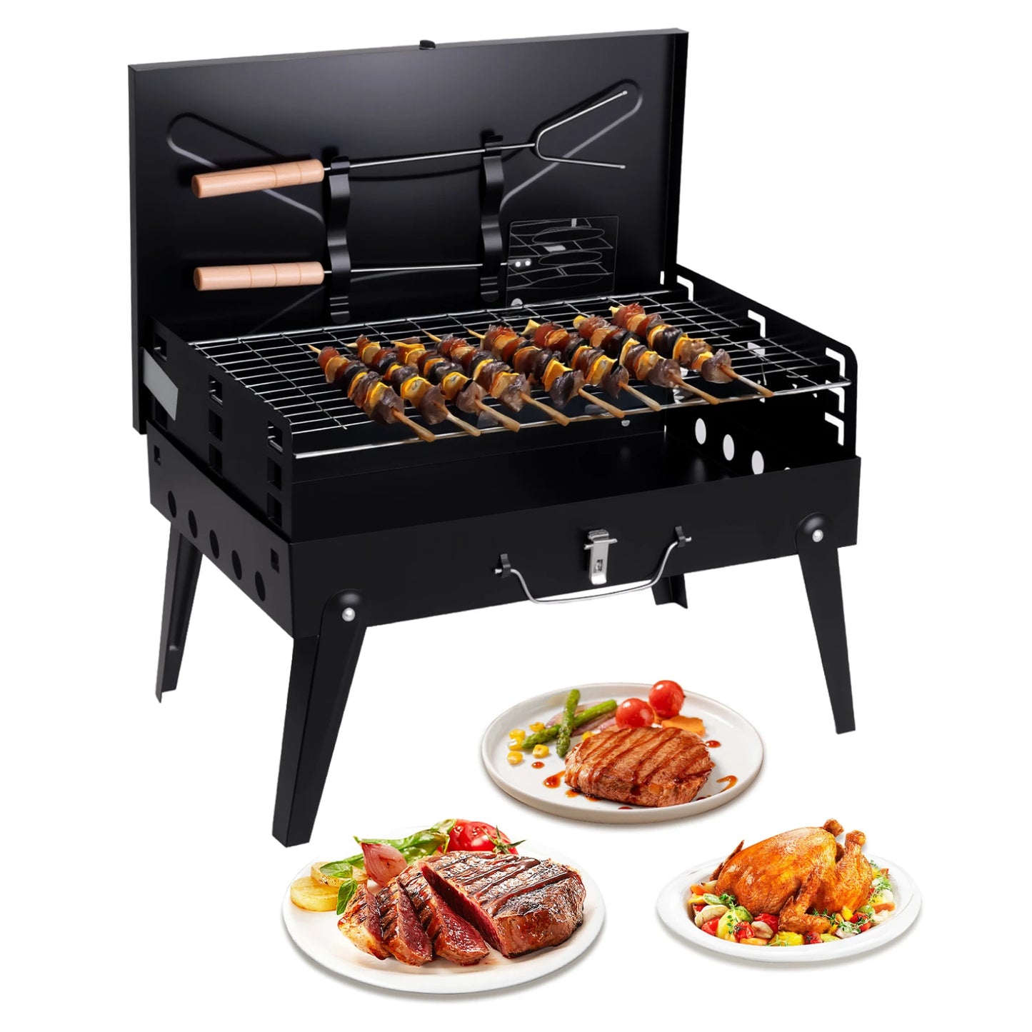 Portable Charcoal Grill, Foldable BBQ Grill with Adjustable Heights, Durable & Compact, Easy to Clean, Perfect for Camping, Tail