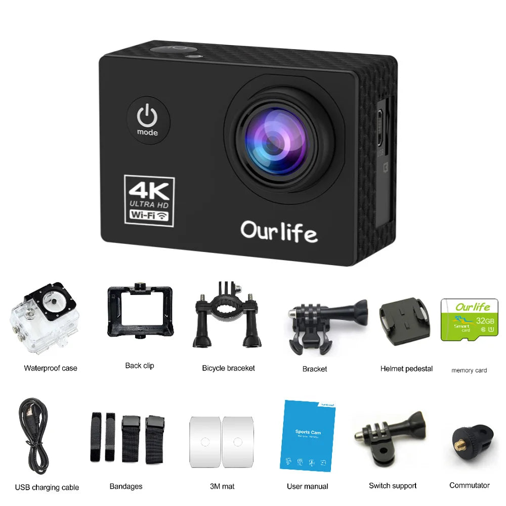 Action Camera Ultra HD 4K30FPS 16.0MP Wi-Fi 2.0" Screen 170D DVR Webcam Underwater 30M Helmet Video Recording Sport Camera