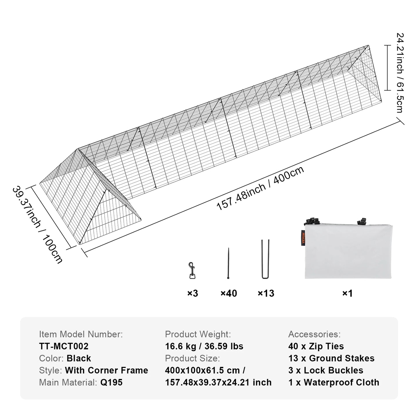 SucceBuy Chicken Tunnels 157.5 x 39.4 x 24.2 in Chicken Tunnels for Yard Portable Chicken Tunnels for Outside Corner Frames