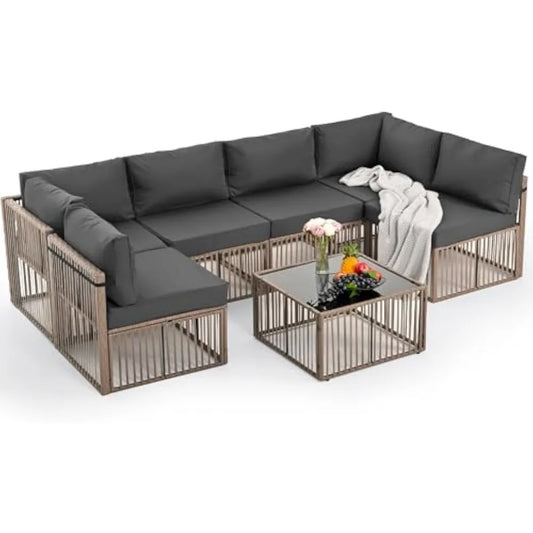 Pamapic 7 Pieces Outdoor Sectional Set, All-Weather PE Rattan Patio Conversation Set, Wicker Adjustable Patio Furniture Set