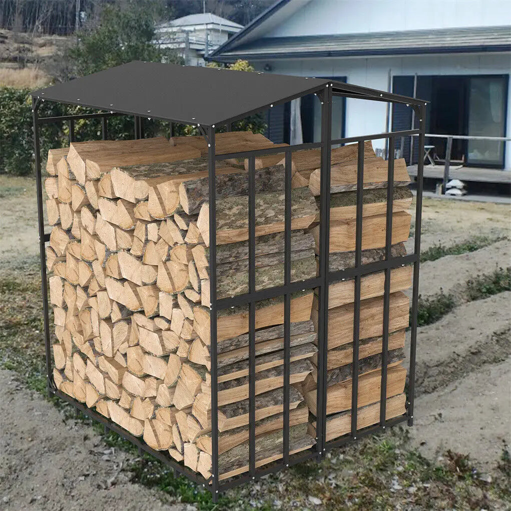 Heavy Duty Outdoor Firewood Storage Log Rack Metal Firewood Stand with Top Cover