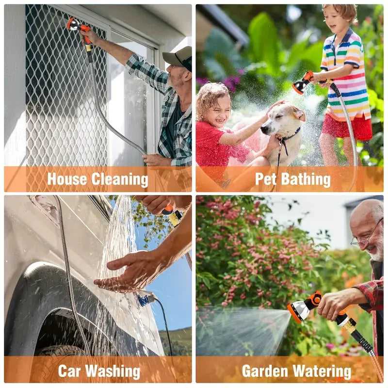 100FT 50FT Stainless Steel Garden Hose Kink-Free & No-Leak Flexible Outdoor Water Pipe with 10 Functions Adjustable Spray Nozzle