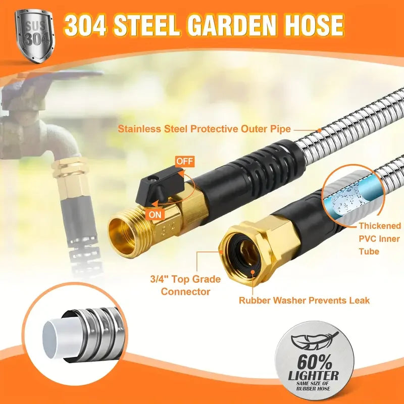 100FT 50FT Stainless Steel Garden Hose Kink-Free & No-Leak Flexible Outdoor Water Pipe with 10 Functions Adjustable Spray Nozzle