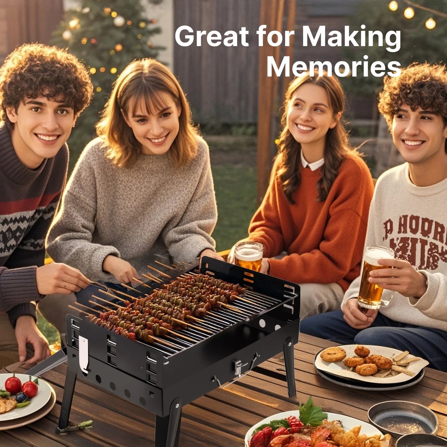 Portable Charcoal Grill, Foldable BBQ Grill with Adjustable Heights, Durable & Compact, Easy to Clean, Perfect for Camping, Tail