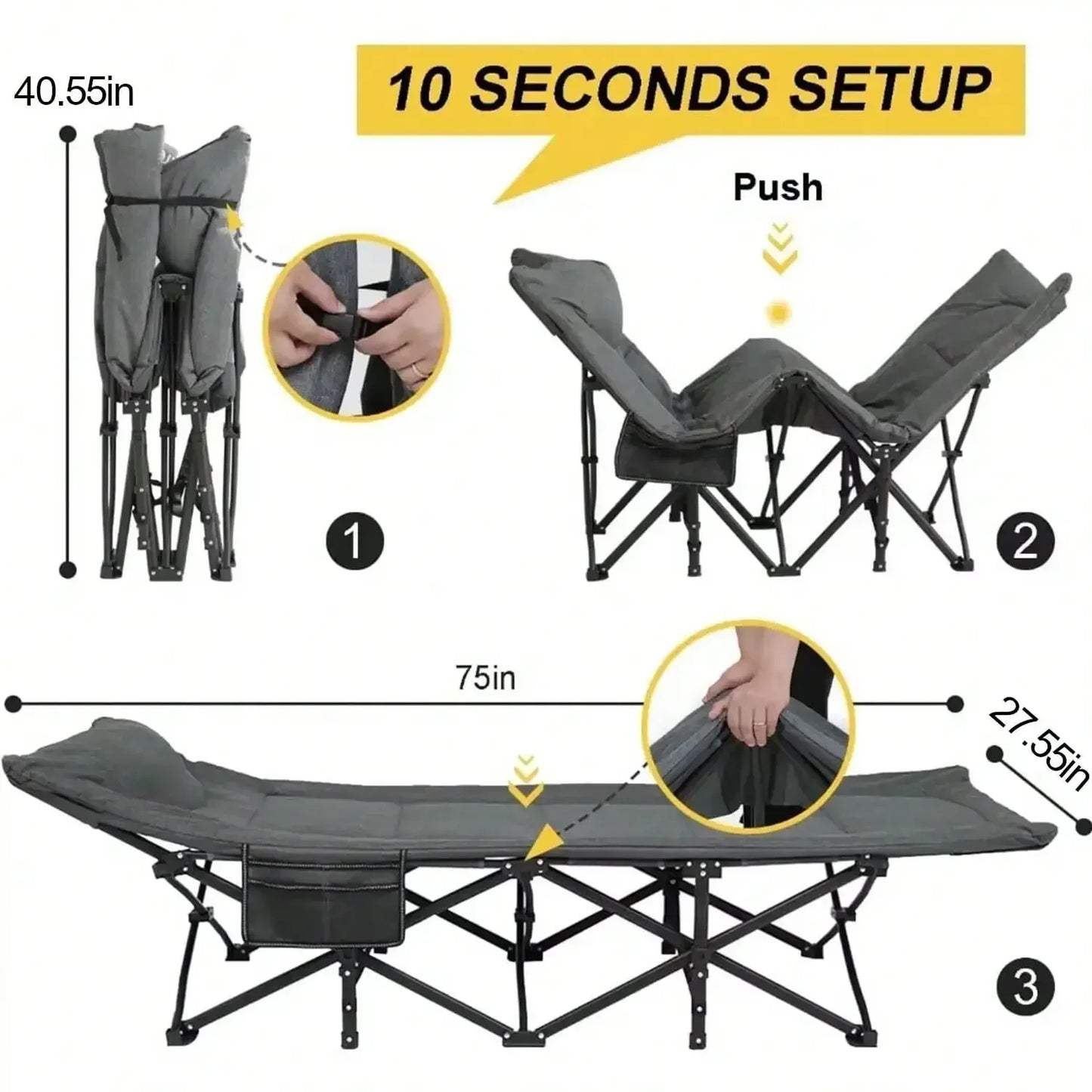 Premium Portable Thick Pad Sleeping Camping Cot Folding Heavy Duty Adult Travel Cot with Side Pockets, Perfect for Hiking
