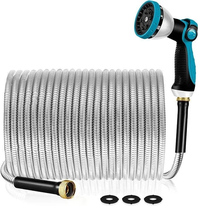 100FT 50FT Stainless Steel Garden Hose Kink-Free & No-Leak Flexible Outdoor Water Pipe with 10 Functions Adjustable Spray Nozzle