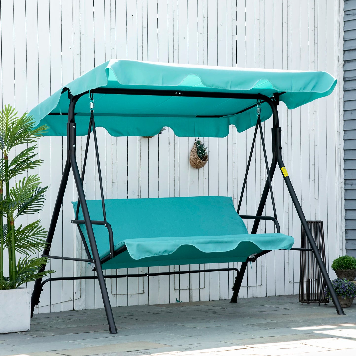 Porch Swing Hammock Bench Chair, Steel 3-Seat W/ Adjustable Canopy, Blue