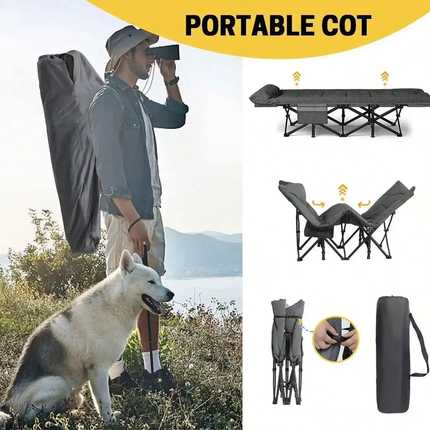 Premium Portable Thick Pad Sleeping Camping Cot Folding Heavy Duty Adult Travel Cot with Side Pockets, Perfect for Hiking